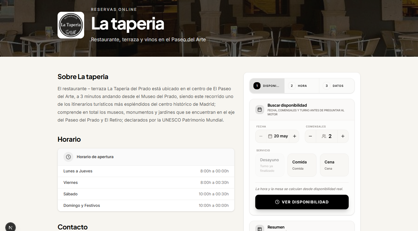 Página pública de reservas